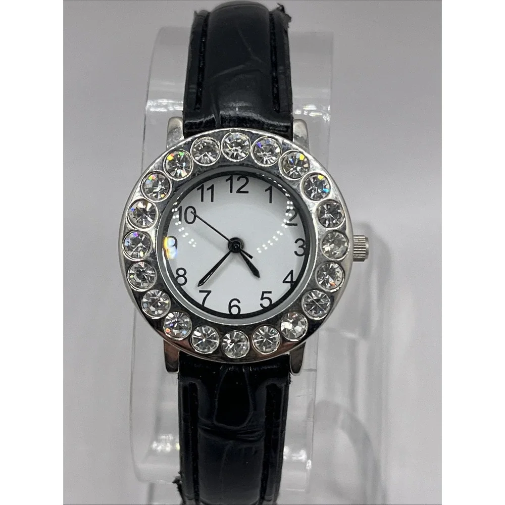 Avon Women's‎ Quartz Watch Rhinestone Bezel Black Band 30mm- New Battery